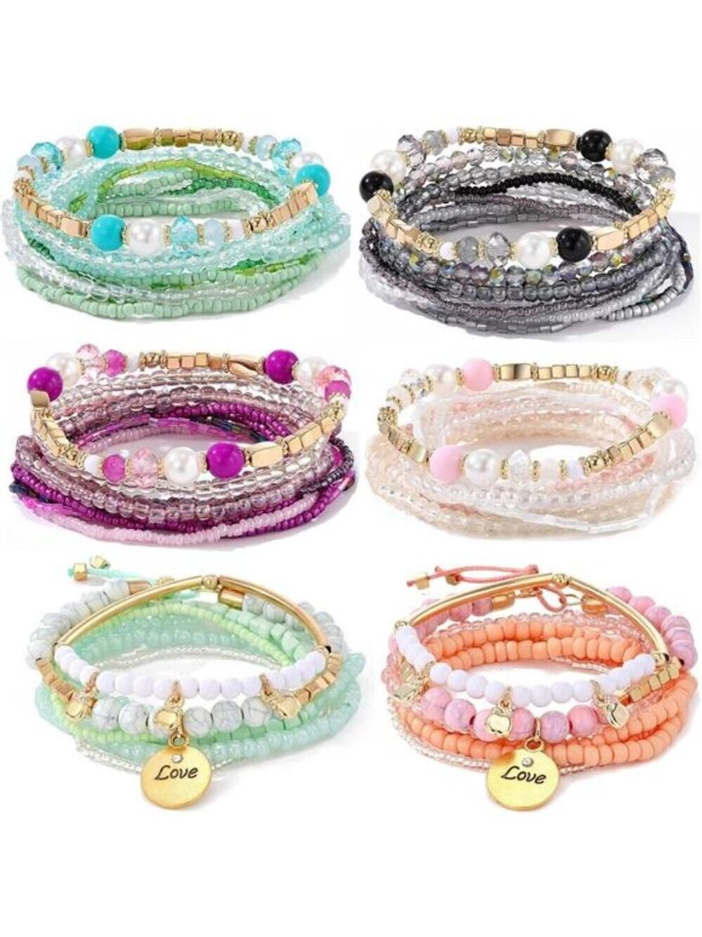 Womens Beaded Bracelets Boho Stackable Friendship Jewelry Elastic Stretchy Set